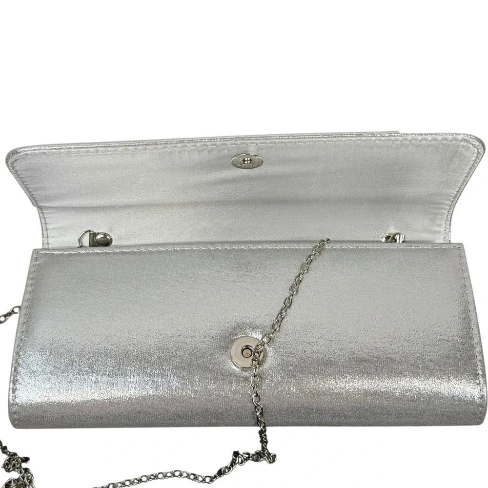Silver Satin‎ Clutch Purse Womens Small Rhinestone Trim Chain Strap Evening Bag